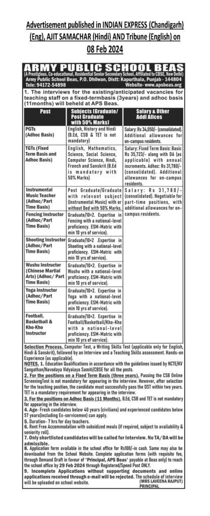 Army Public School Beas Recruitment 2024