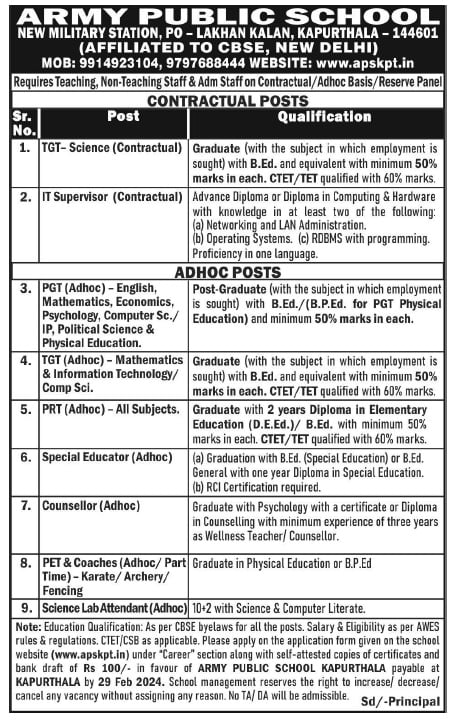 ARMY PUBLIC SCHOOL KAPURTHALA TEACHING AND NON TEACHING STAFF Recruitment 2024